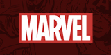 A red background with faded comic book art with the Marvel logo in the middle.